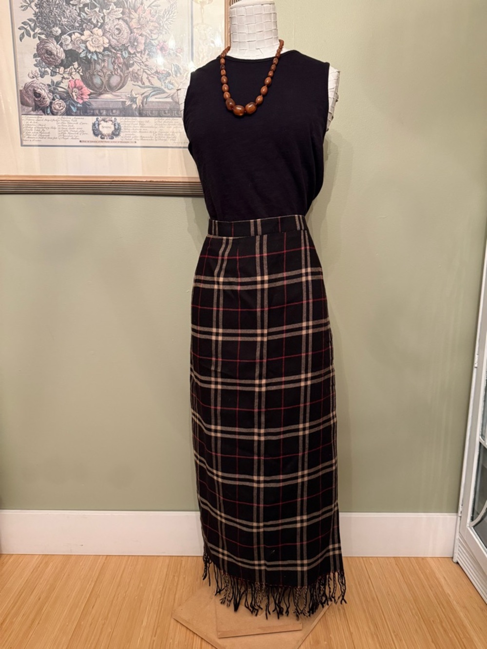 Vintage Cleo Petites 100% Wool Plaid Fringe Skirt - Size 8